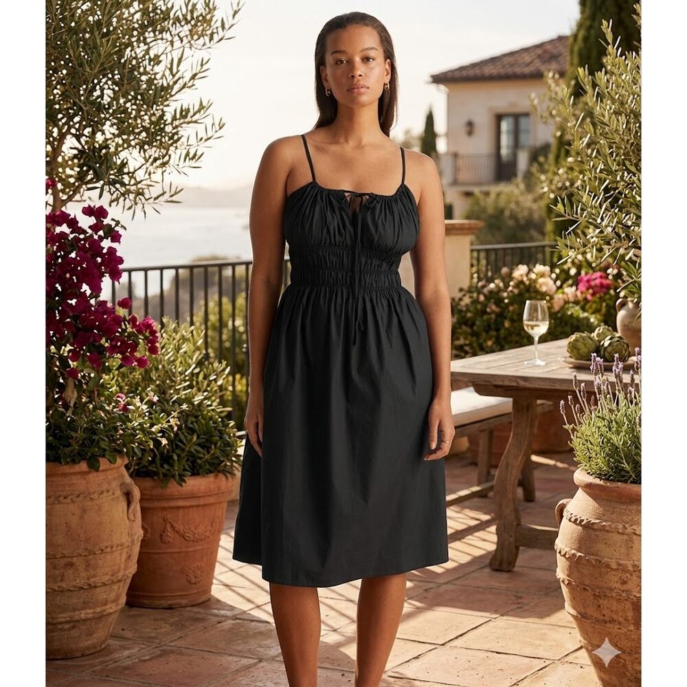 Quince 100% Organic Cotton Keyhole Midi Dress Poplin Black Size S NWOT